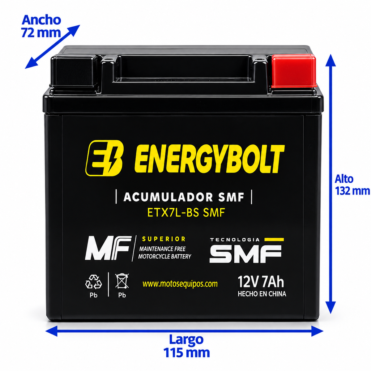 Batería Energybolt ETX7L-BS/ YTX7L SMF Sellada 12V 7Ah 100 CCA para Motocicleta
