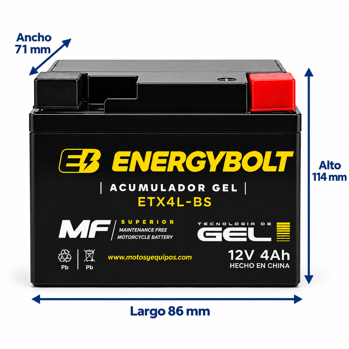 Batería Energybolt ETX4L-BS / YTX4L AGM Gel Sellada 12V 4Ah 50 CCA para Motocicleta