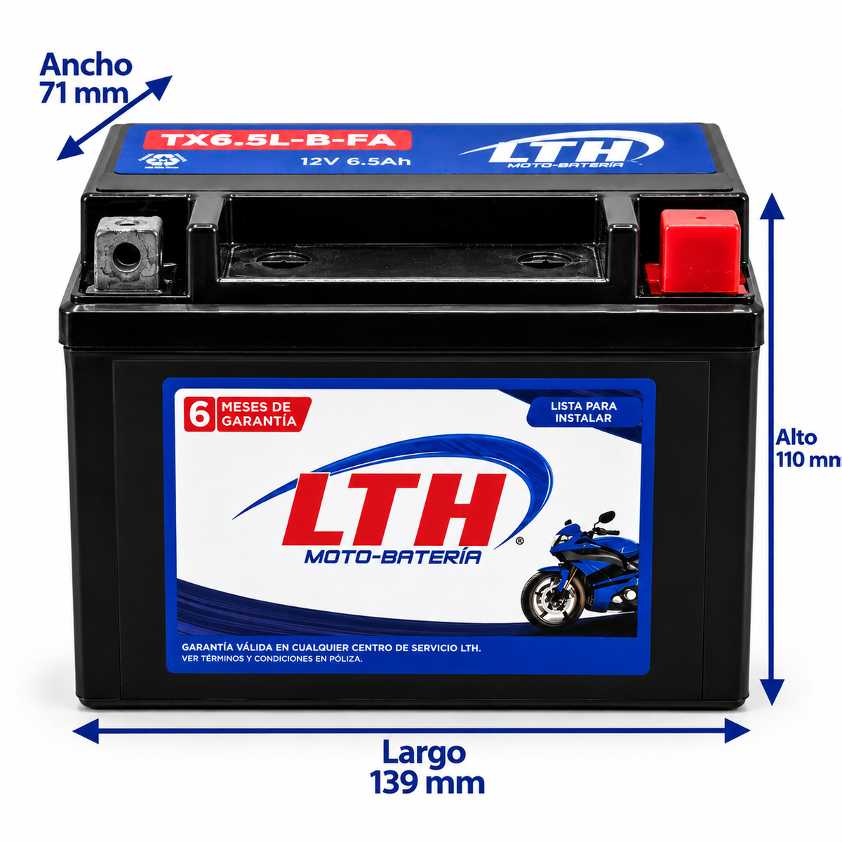 Batería LTH TX6.5L-B-FA / YTX 6.5L AGM Activada de Fábrica 12V 6.5Ah 85 CCA para Motocicleta
