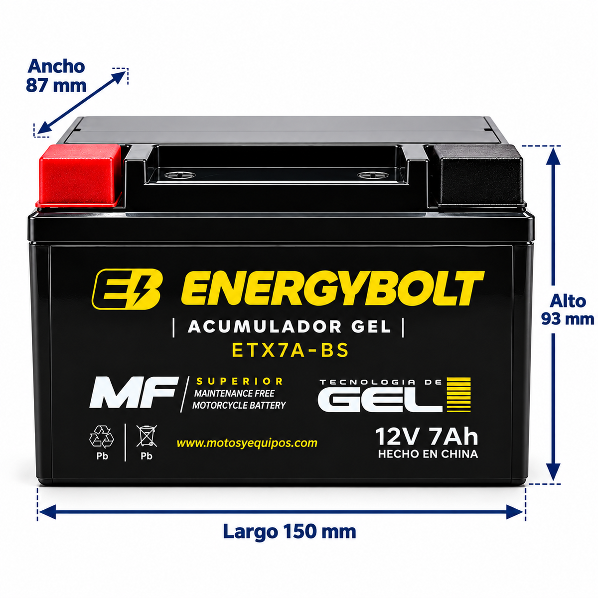 Batería Energybolt ETX7A-BS / YTX7A SMF Sellada 12V 7Ah 105 CCA para Motocicleta
