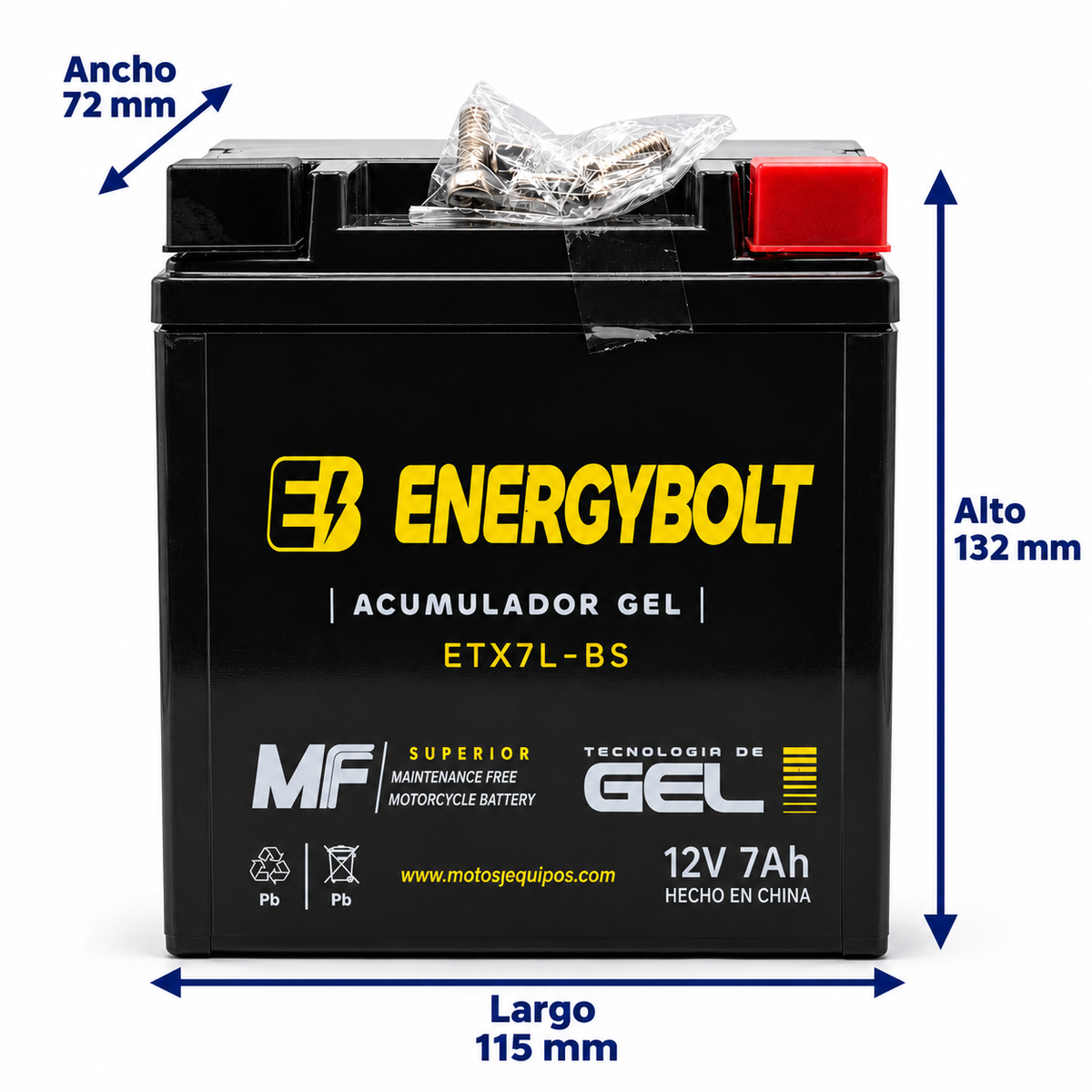 Batería Energybolt ETX7L-BS/ YTX7L AGM Gel Sellada 12V 7Ah 100 CCA para Motocicleta