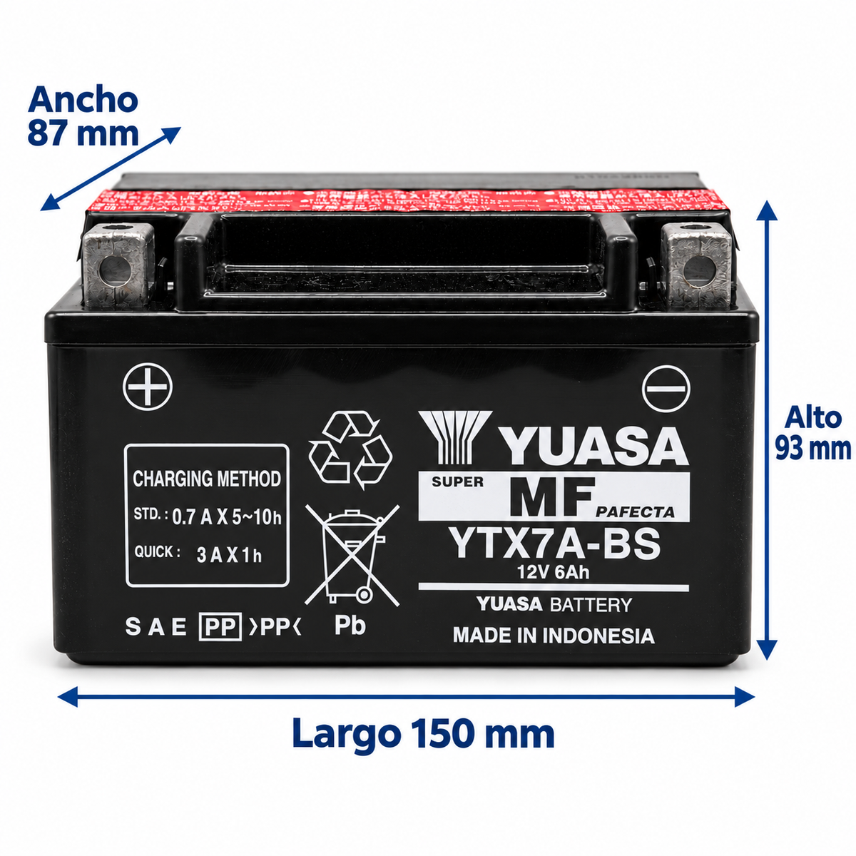 Batería Yuasa YTX7A-BS AGM 12V 6Ah 105 CCA para Motocicleta