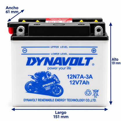 Batería Dynavolt 12N7A-3A Convencional 12V 7Ah 70 CCA para Motocicleta
