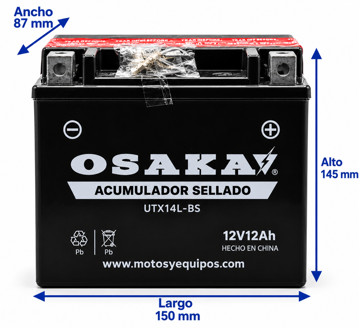 Batería Osaka UTX14L-BS / YTX14L Sellada 12V 12Ah 200CCA para Motocicleta