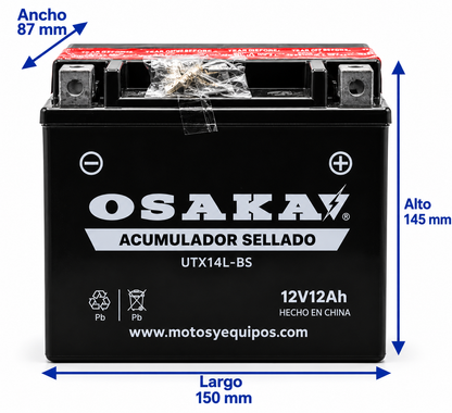 Batería Osaka UTX14L-BS / YTX14L Sellada 12V 12Ah 200CCA para Motocicleta