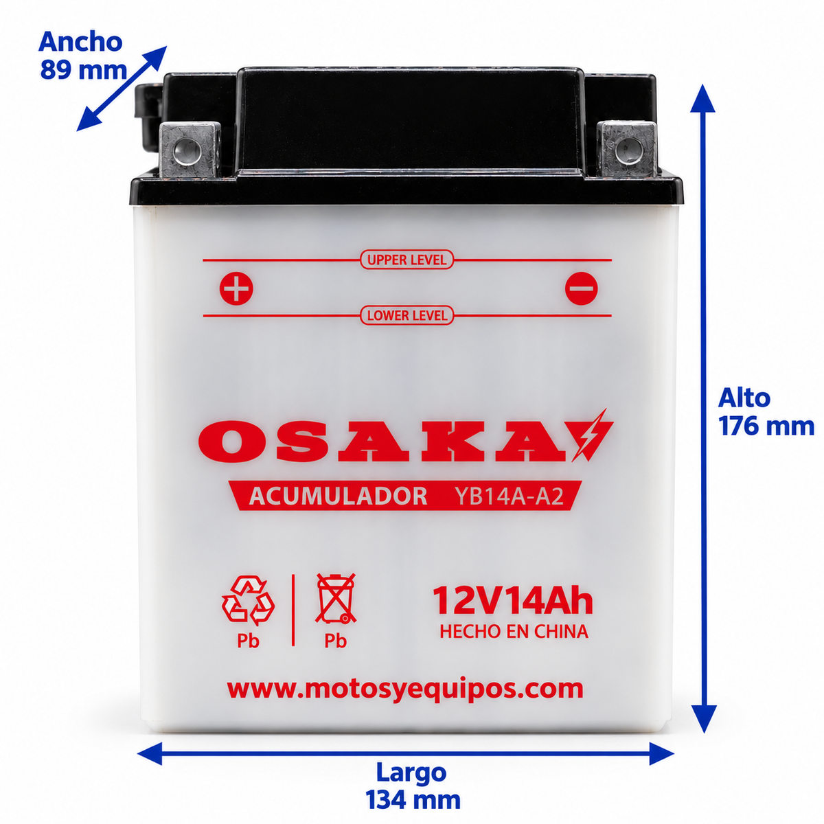 Batería Osaka YB14A-A2 GEL Sellada 12V 14 Ah 200 CCA para Motocicleta
