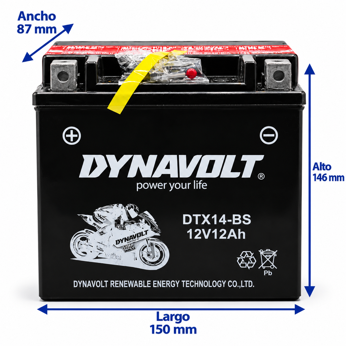 Batería Dynavolt DTX14-BS / YTX14 AGM 12V 12Ah 200 CCA para Motocicleta