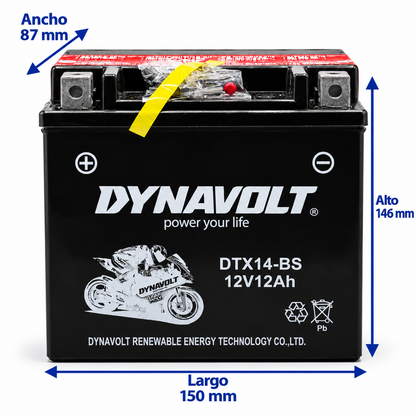 Batería Dynavolt DTX14-BS / YTX14 AGM 12V 12Ah 200 CCA para Motocicleta