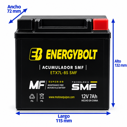 Batería Energybolt ETX7L-BS/ YTX7L SMF Sellada 12V 7Ah 100 CCA para Motocicleta
