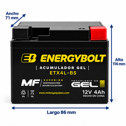 Batería Energybolt ETX4L-BS / YTX4L AGM Gel Sellada 12V 4Ah 50 CCA para Motocicleta