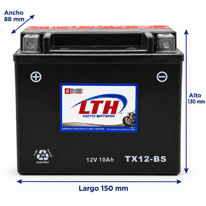 Batería LTH TX12-BS / YTX12 AGM Dry Charge 12V 10Ah 170 CCA para Motocicleta