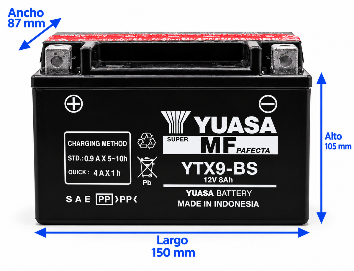 Batería Yuasa YTX9-BS AGM Sellada 12V 8Ah 135 CCA para Motocicleta