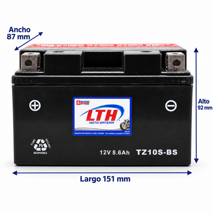 Batería LTH TZ10S-BS / YTZ10S AGM 12V 8.6Ah 160 CCA para Motocicleta