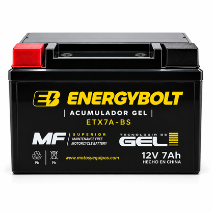 Batería Energybolt ETX7A-BS / YTX7A SMF Sellada 12V 7Ah 105 CCA para Motocicleta