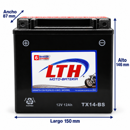 Batería LTH TX14-BS / YTX14 AGM Dry Charge 12V 12Ah 200 CCA para Motocicleta