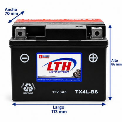 Batería LTH TX4L-BS / YT4XL AGM Dry Charge 12V 3Ah 50 CCA para Motocicleta