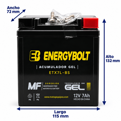 Batería Energybolt ETX7L-BS/ YTX7L AGM Gel Sellada 12V 7Ah 100 CCA para Motocicleta