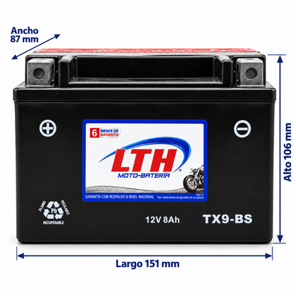 Batería LTH TX9-BS / YTX9 AGM Dry Charge 12V 8Ah 120 CCA para Motocicleta