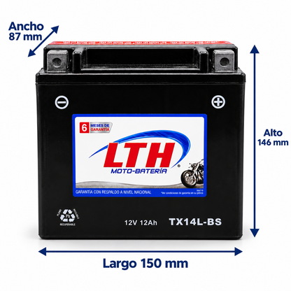 Batería LTH TX14L-BS / YTX14L AGM Dry Charge 12V 12Ah 200 CCA para Motocicleta
