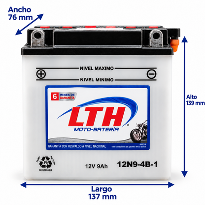 Batería LTH 12N9-4B-1 / YB9-B / CB9-B Convencional 12V 9Ah 85 CCA para Motocicleta