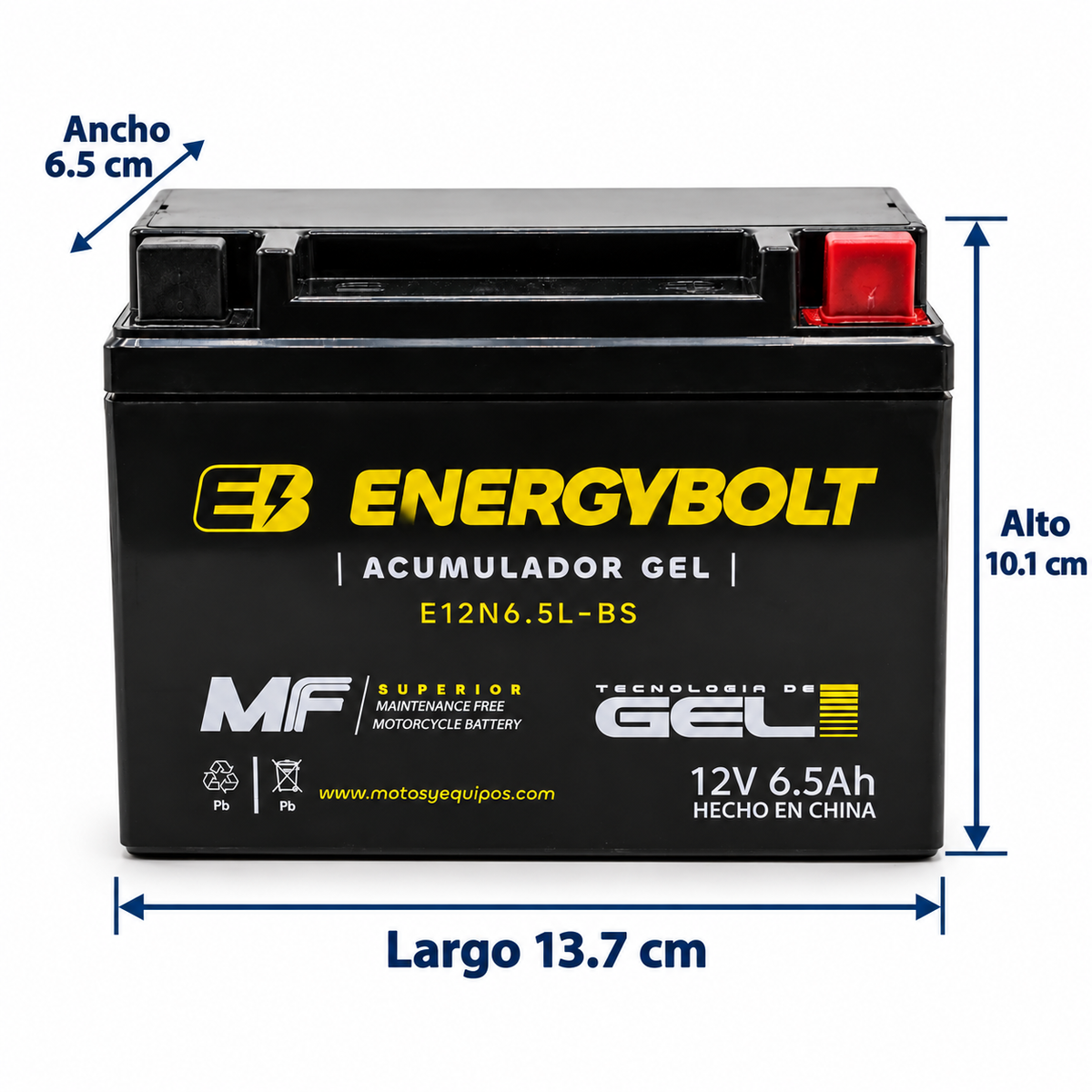 Batería Energybolt E12N6.5L-BS / YTX6.5L-BS / YB6.5L-BS, Gel 12V 6.5Ah 85 CCA para Motocicleta