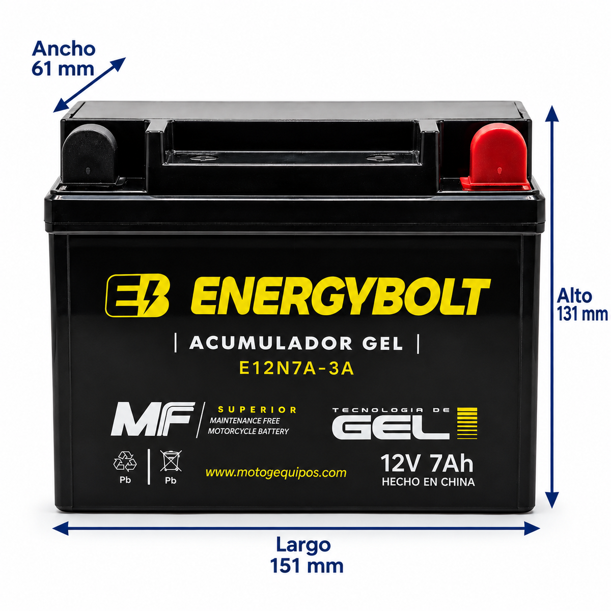 Batería Energybolt E12N7A-3A / 12N7A-3A GEL SFM 12V 7Ah 70 CCA para Motocicleta