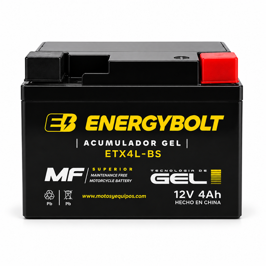 Batería Energybolt ETX4L-BS / YTX4L AGM Gel Sellada 12V 4Ah 50 CCA para Motocicleta