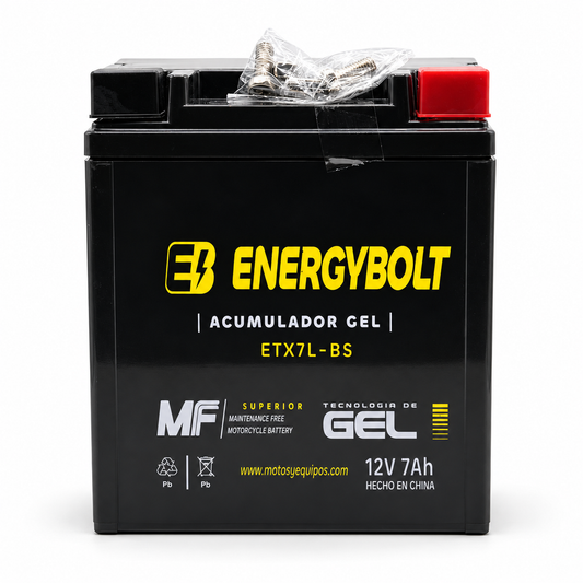 Batería Energybolt ETX7L-BS/ YTX7L AGM Gel Sellada 12V 7Ah 100 CCA para Motocicleta