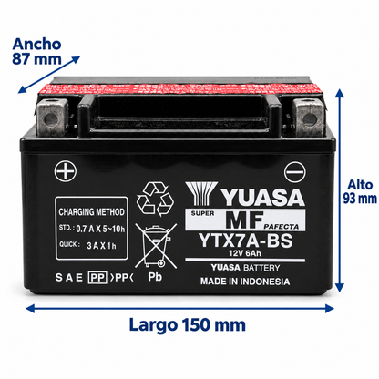 Batería Yuasa YTX7A-BS AGM 12V 6Ah 105 CCA para Motocicleta