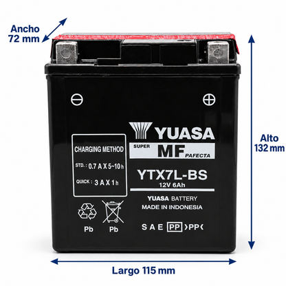 Batería Yuasa YTX7L-BS AGM 12V 6Ah 100 CCA para Motocicleta